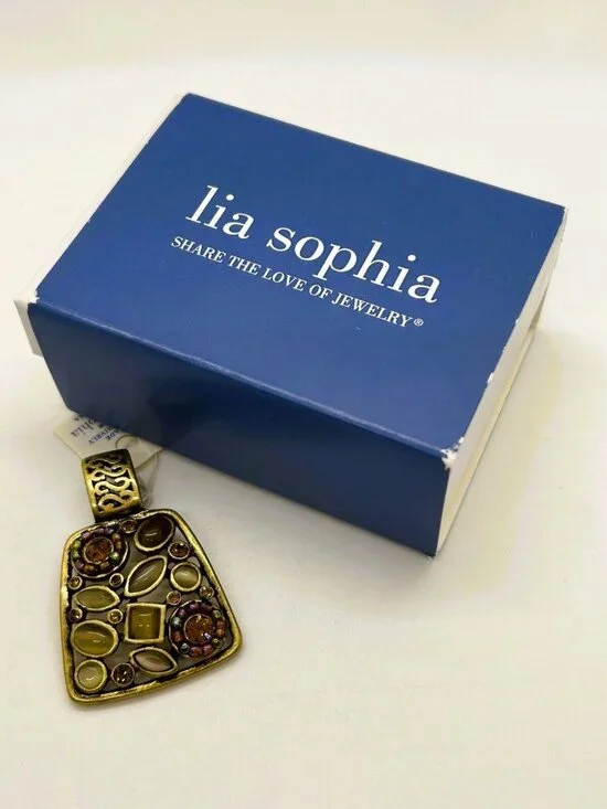 Lia Sophia Tapestry Slide Pendant Antique Gold Tone Gemstone Crystal Boho Ornate - Picture 6 of 7